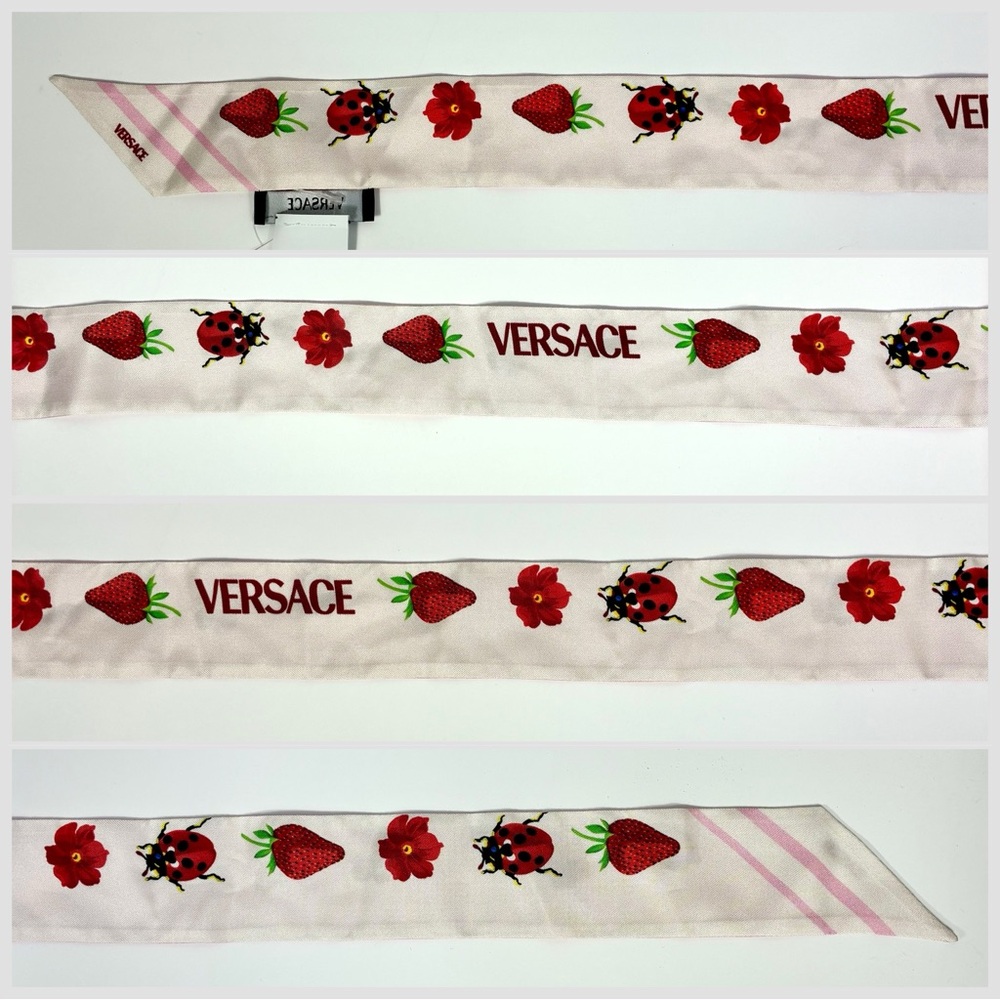 Versace Strawberry Garden Silk Skinny Twill Scarf Tie Logo Pink Red NWT - Picture 8 of 16